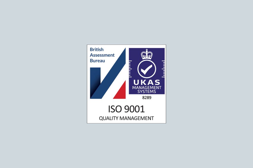 ISO 9001 Quality Management certification badge issued by the British Assessment Bureau and UKAS Management Systems, featuring a checkmark inside a circular emblem with the UKAS crown logo.