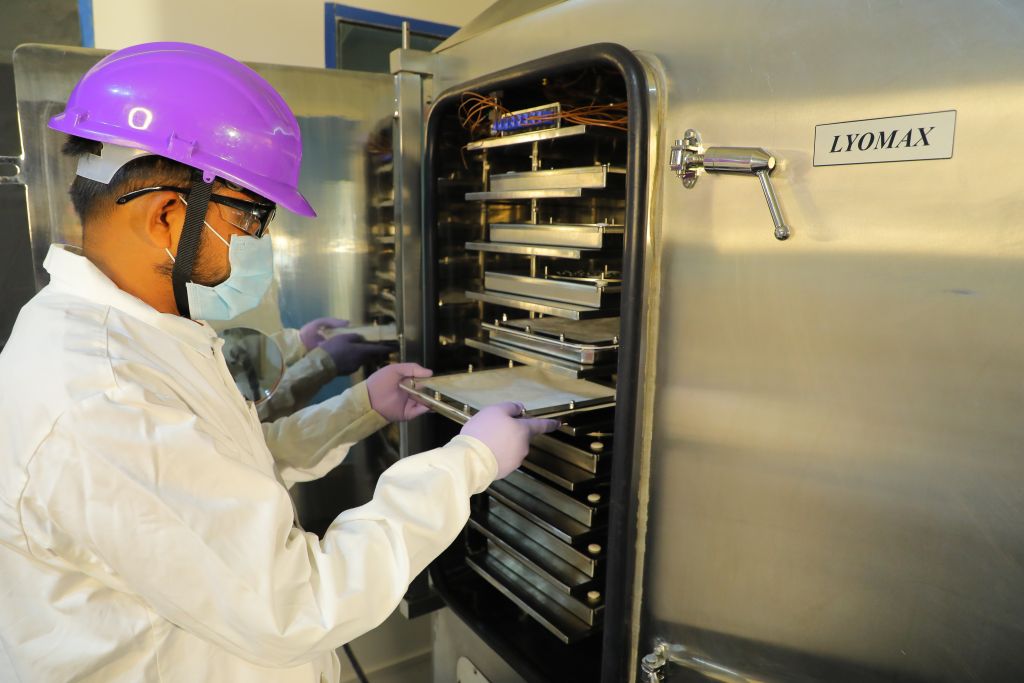 Scientist at Sai Life Sciences' Hyderabad Integrated Campus handling a Lyomax freeze-dryer for lyophilization scale-up in pharmaceutical development.